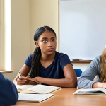 ** A diverse group of students actively participating in a class discussion, highlighting how studying history and biographies can provide leadership lessons. Focus on facial expressions showing engagement and understanding.

**