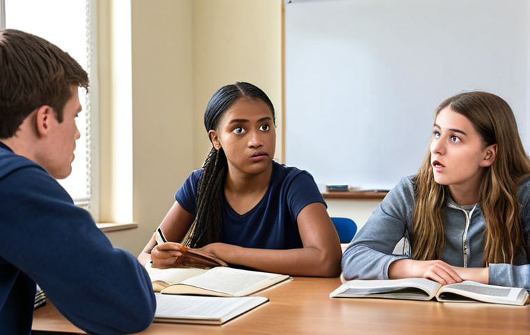 ** A diverse group of students actively participating in a class discussion, highlighting how studying history and biographies can provide leadership lessons. Focus on facial expressions showing engagement and understanding.
**