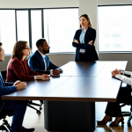 A diverse group of adult professionals, fully clothed in modest business attire, gathered around a large, sleek conference table in a sunlit, modern office. The leader, a confident woman, is actively listening to a team member, with other team members engaged in open discussion and sharing ideas. The atmosphere is collaborative and transparent, fostering mutual trust and respect. Natural pose, perfect anatomy, correct proportions, well-formed hands, proper finger count, natural body proportions. Professional photography, high quality, realistic, safe for work, appropriate content, fully clothed, professional, family-friendly.