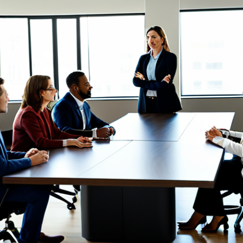 A diverse group of adult professionals, fully clothed in modest business attire, gathered around a large, sleek conference table in a sunlit, modern office. The leader, a confident woman, is actively listening to a team member, with other team members engaged in open discussion and sharing ideas. The atmosphere is collaborative and transparent, fostering mutual trust and respect. Natural pose, perfect anatomy, correct proportions, well-formed hands, proper finger count, natural body proportions. Professional photography, high quality, realistic, safe for work, appropriate content, fully clothed, professional, family-friendly.