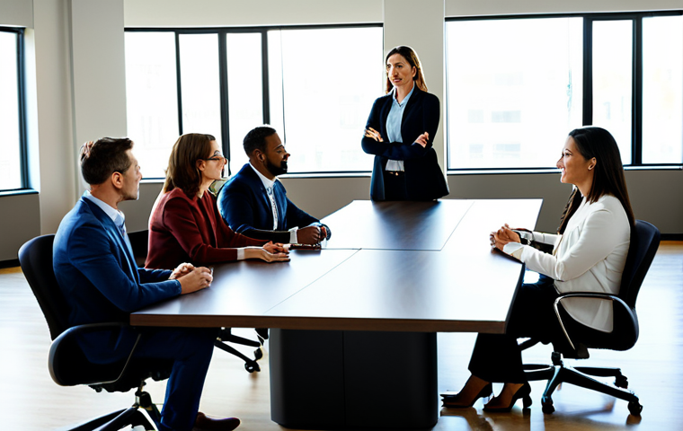 A diverse group of adult professionals, fully clothed in modest business attire, gathered around a large, sleek conference table in a sunlit, modern office. The leader, a confident woman, is actively listening to a team member, with other team members engaged in open discussion and sharing ideas. The atmosphere is collaborative and transparent, fostering mutual trust and respect. Natural pose, perfect anatomy, correct proportions, well-formed hands, proper finger count, natural body proportions. Professional photography, high quality, realistic, safe for work, appropriate content, fully clothed, professional, family-friendly.