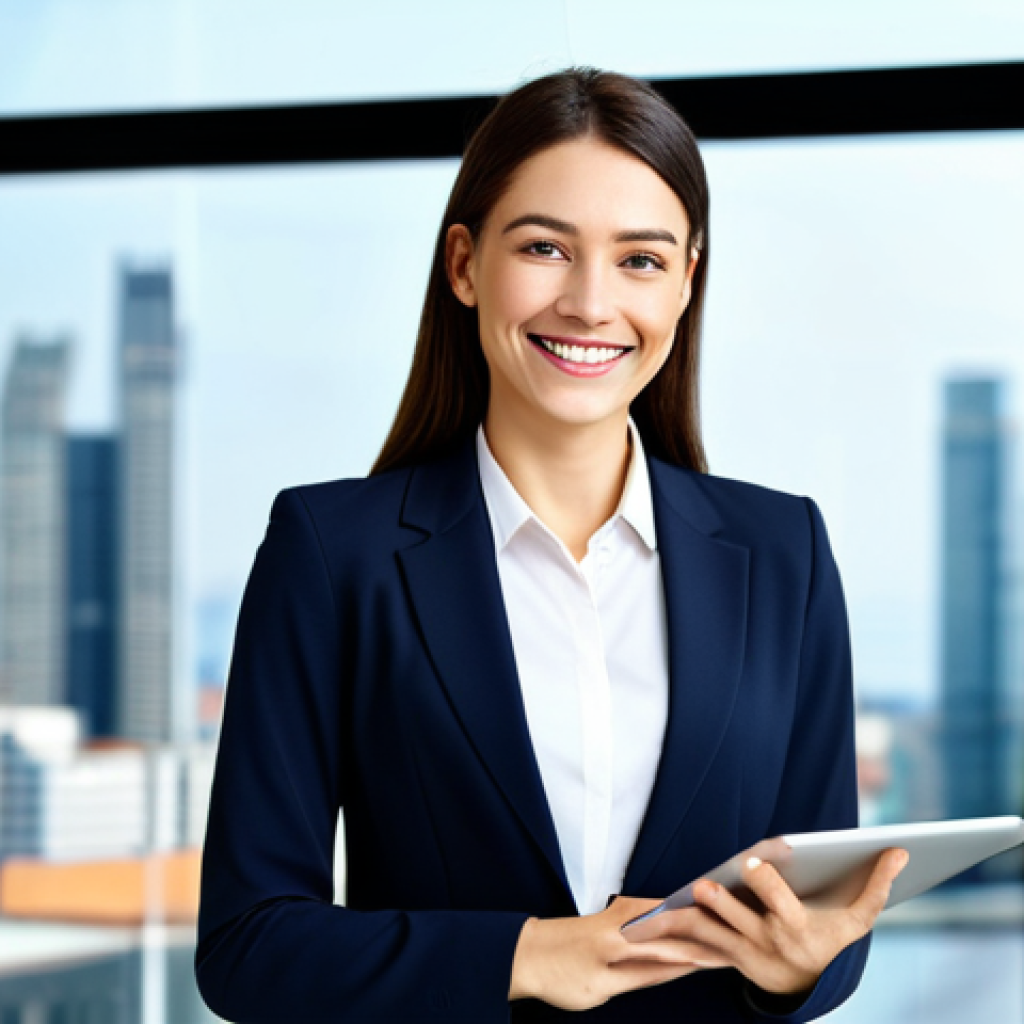 **

"A professional businesswoman in a modest business suit, smiling confidently while holding a tablet displaying data charts. Modern office background with blurred city view. Fully clothed, appropriate attire, safe for work, perfect anatomy, natural proportions, professional photography, high quality."

**