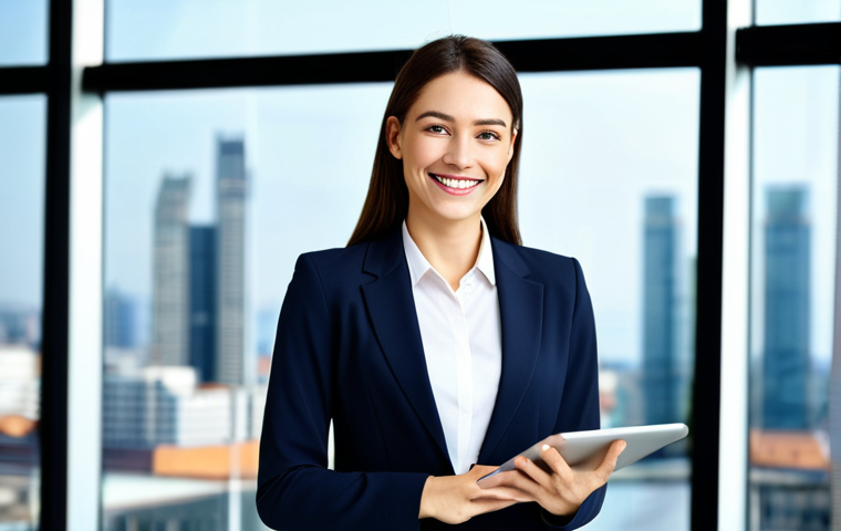 **
"A professional businesswoman in a modest business suit, smiling confidently while holding a tablet displaying data charts. Modern office background with blurred city view. Fully clothed, appropriate attire, safe for work, perfect anatomy, natural proportions, professional photography, high quality."
**