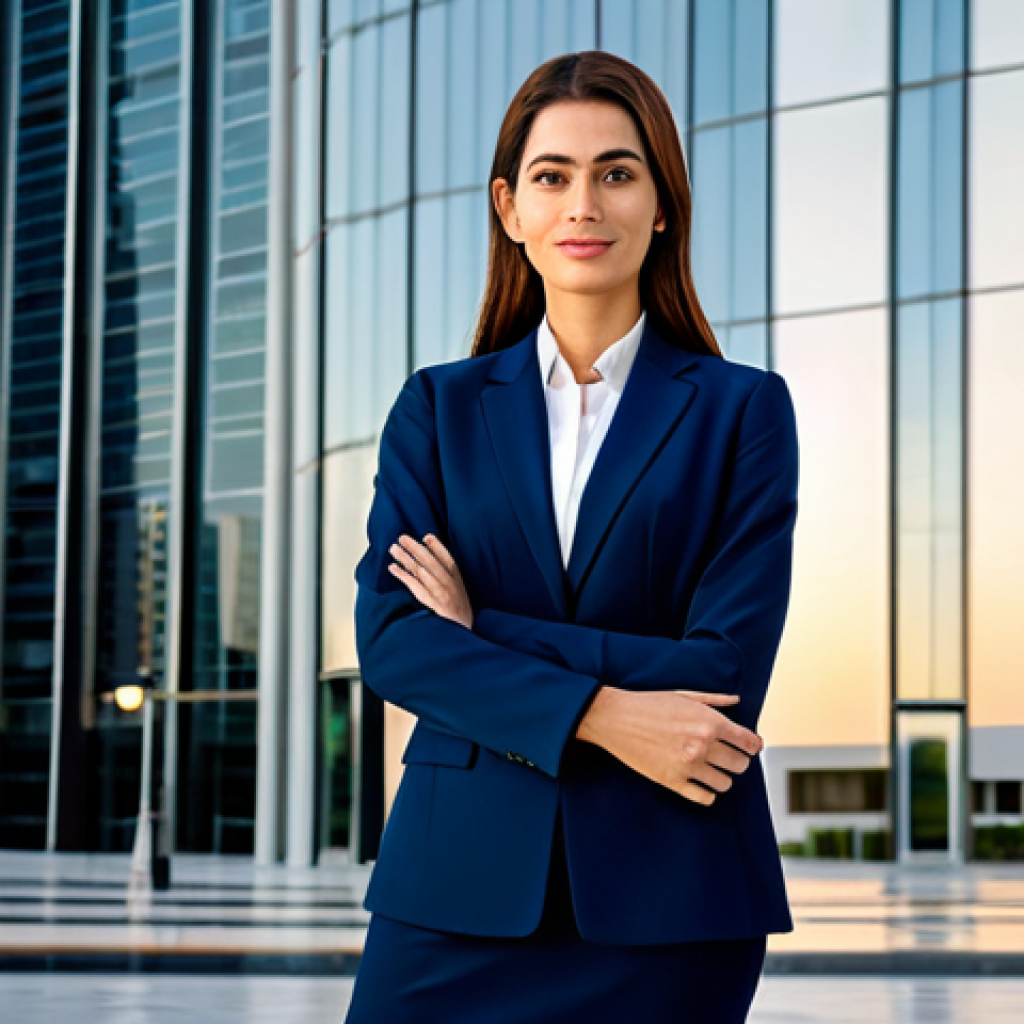 **Prompt:** A professional businesswoman in a modest navy blue business suit, standing confidently in front of a modern glass office building in Dubai, United Arab Emirates. The sun is setting, casting a warm glow. Fully clothed, appropriate attire, safe for work, perfect anatomy, natural proportions, professional photography, high quality.