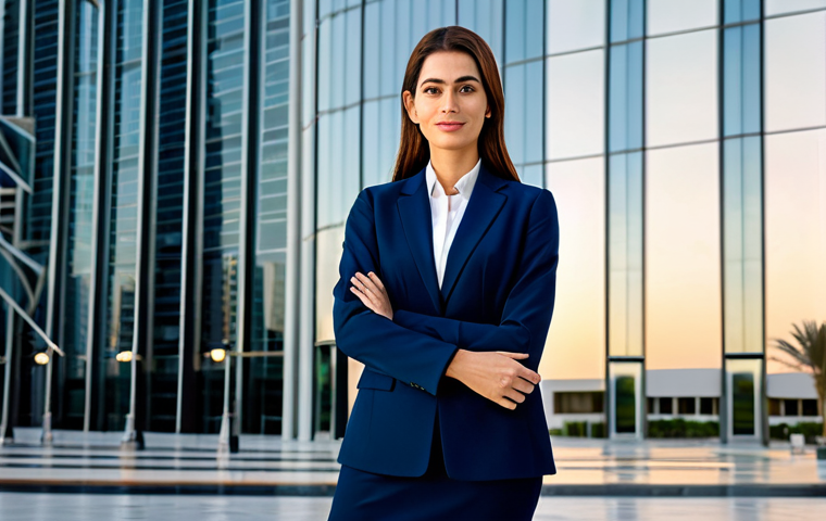 **Prompt:** A professional businesswoman in a modest navy blue business suit, standing confidently in front of a modern glass office building in Dubai, United Arab Emirates. The sun is setting, casting a warm glow. Fully clothed, appropriate attire, safe for work, perfect anatomy, natural proportions, professional photography, high quality.