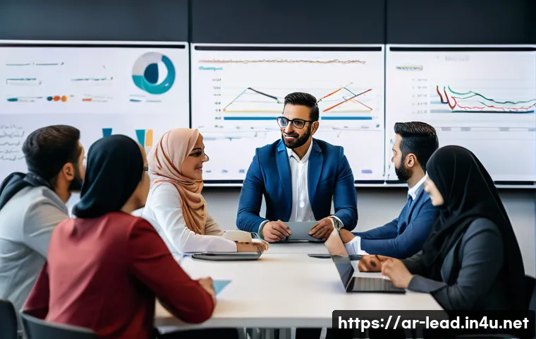 리더십 코치로서의 성과 측정 - A professional training session in a modern corporate office setting, featuring an Arabic male leade...