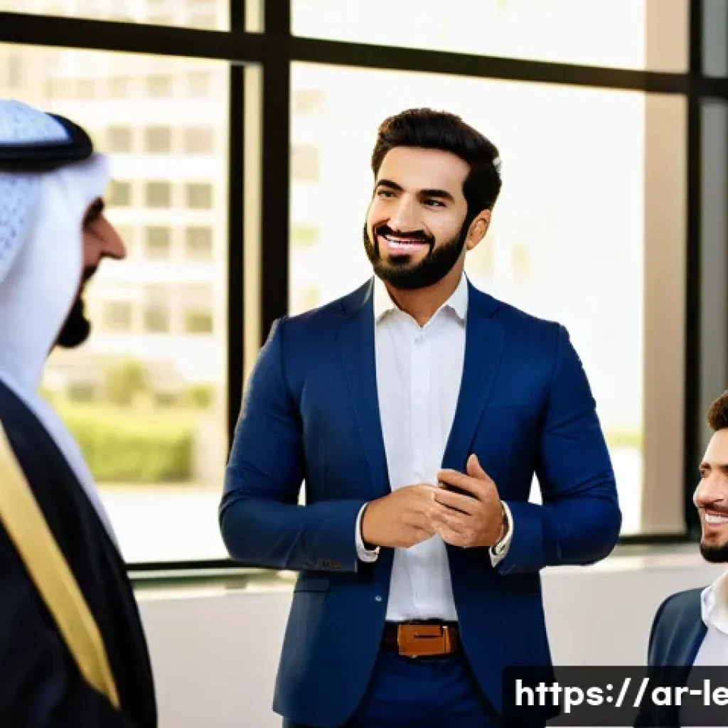 리더십 코치의 실제 사례 연구 - A professional Middle Eastern business leader in a modern office setting, engaging in effective comm...