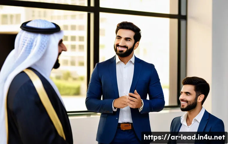 리더십 코치의 실제 사례 연구 - A professional Middle Eastern business leader in a modern office setting, engaging in effective comm...