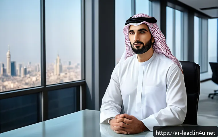 리더십 코칭의 사례와 실제 - A professional Middle Eastern male leader sitting calmly in a modern office with a serene expression...