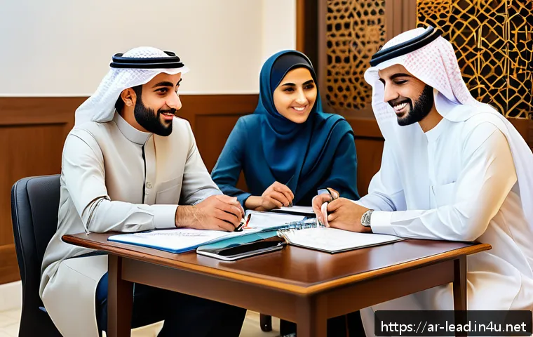 업무일지 분석을 통한 리더십 향상 - A modern Middle Eastern office scene depicting a diverse team of Arabic professionals engaged in a c...