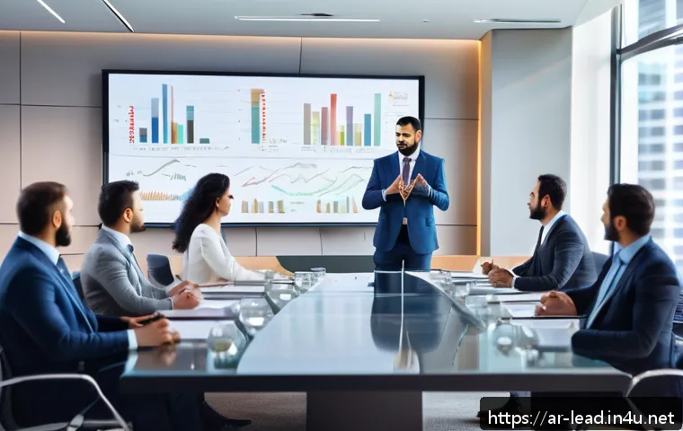 직장에서의 리더십 기술 - A professional Middle Eastern office scene featuring a confident Arab male leader in business attire...
